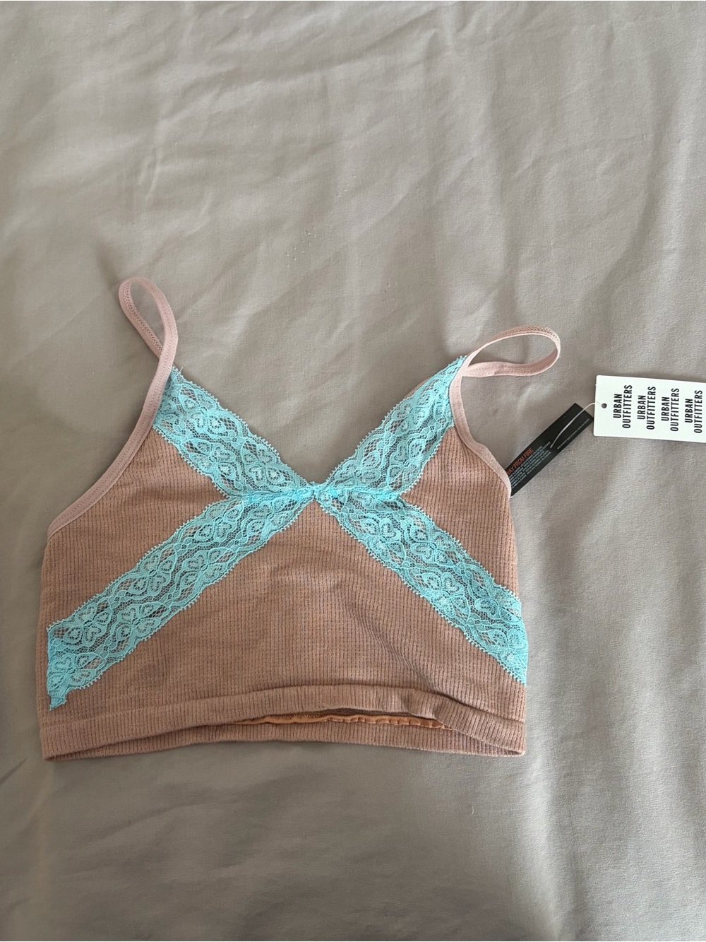 Urban Outfitter Ribbed Lace Trim Bralette in Blush with Aqua Lace